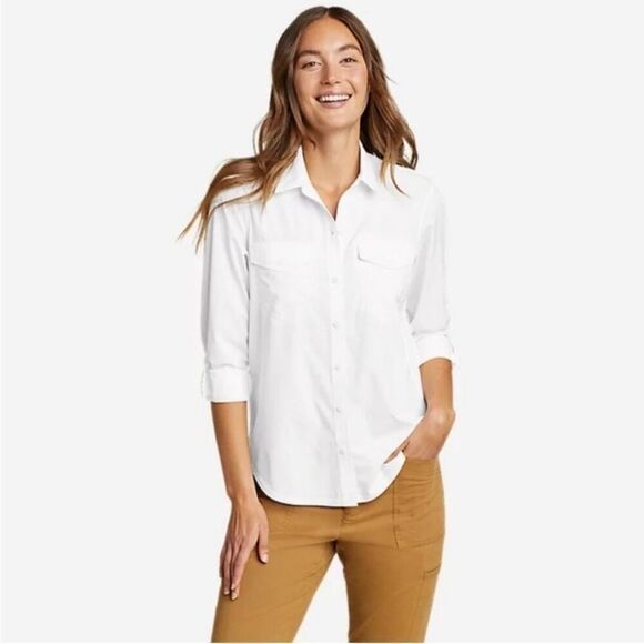 EDDIE BAUER Departure Shirt White Large Button-up Long Sleeve Top Packs Well NWT - Picture 1 of 9